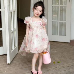 Venta al por mayor 2025 verano Floral Puff manga arco espalda niños niñas vestido de baile - Product Image 5