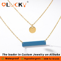 Fabricant de bijoux personnalisés LUCKYJIU, collier minimaliste plaqué or 18 carats imperméable avec pendentif barre bleue et disque rond pour femmes