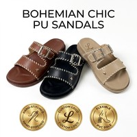 Sandales plates en cuir PU pour femmes, style bohème, avec deux brides et boucles, coutures contrastées tendance, chaussures de plage antidérapantes