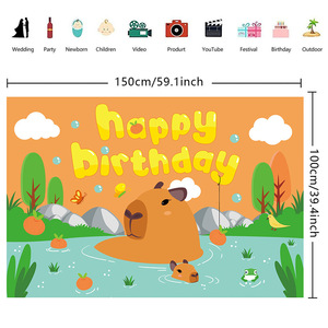 Nouveau Toile de fond photo 7*5ft Marron Capybara pour Fête d'anniversaire 1 an Fille Garçon, Bannière de dessin animé, Accessoires de photomaton - Product Image 5