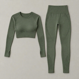Wholesale Custom Front Women Seamless Yoga Set Long Sleeve <b>Crop</b> <b>Top</b> High Waist Leggings 2-Piece Breathable Four-Way Stretch - Product Image 1