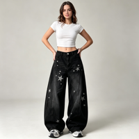 Jean taille haute pour femme avec broderie étoile, coupe baril, en denim ample à élasticité modérée, pour le quotidien urbain