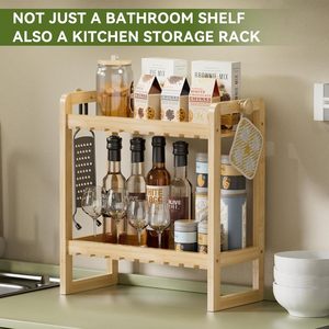 Wooden Double Layer <b>Storage</b> <b>Rack</b> 2 Tier Standing Bathroom <b>Kitchen</b> Countertop Organizer Rectangle Multipurpose - Product Image 4