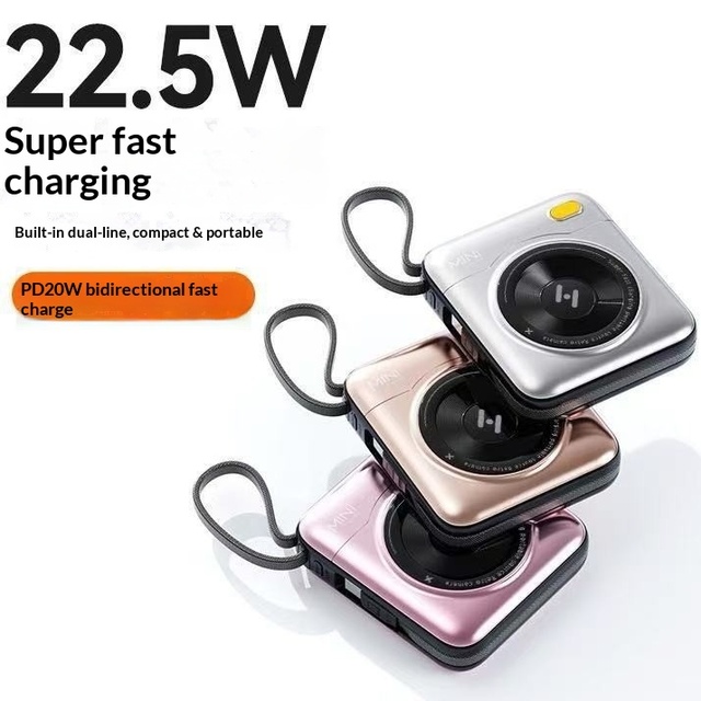 New National Standard 3C-certified 22.5W Super-fast Charging Plastic Camera Power Bank 20 000 MAh with Two Built-in Cables