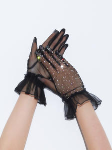 Sarung tangan kerja wanita, gaya Vintage berlian imitasi kerut Trim Mesh pernikahan Prom pesta malam wanita tipis renda pendek Tulle sarung tangan jari penuh - Product Image 3