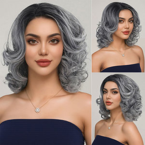 Peluca de cosplay corta rizada negra y gris teñida, estilo abuela, <span class=keywords><strong>para</strong></span> juegos de rol, a la moda, europea, americana, de comercio exterior, con <span class=keywords><strong>redecilla</strong></span>. - Product Image 2