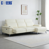 MANWAHCHEERS Multifunktionales Ausziehbares Wohnzimmer-Sofa aus Echtleder in Cremefarbe, Elektrisch Verstellbares Schlafsofa mit Chaiselongue