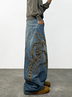 Jean Bootcut Homme Ample Délavé Coupe Large Brodé Vintage Baggy Denim Streetwear Imprimé Motif