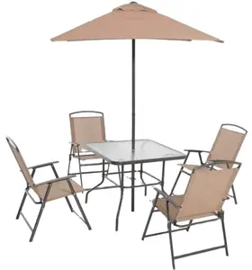 आउटडोर उद्यान फर्नीचर सेट आँगन छाता गुना के साथ खाने की कुर्सी और मेज सेट 6pcs सेट