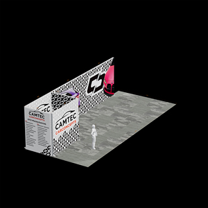 Stand d'exposition portable thème course automobile 9x3m avec mur arrière étendu, graphique de voiture de sport, piliers lumineux dimensionnels modulaires - Product Image 3