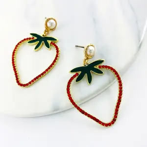 Delicate and simple hollow out enamel strawberry diamond Pearl gold plated post earrings for women