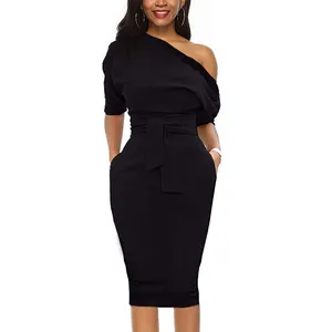 Elegant Short Sleeve Single Room Collar Belt Mid Length Semi Formal Business Club Pencil Dress