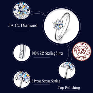 白金电镀1ct 6毫米立方锆石戒指珠宝925纯银女性订婚结婚戒指女士承诺戒指 - Product Image 6