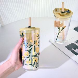 Vaso <span class=keywords><strong>de</strong></span> café <span class=keywords><strong>de</strong></span> gran capacidad con diseño floral simple para niñas, <span class=keywords><strong>de</strong></span> vidrio, para beber directamente, desechable, apto para lavavajillas, <span class=keywords><strong>de</strong></span> alto valor cromático. - Product Image 4