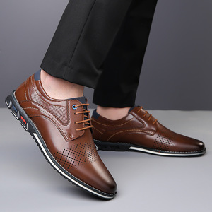 Chaussures Richelieu en cuir massif pour hommes, à bout pointu, respirantes, avec doublure en cuir véritable, semelle en caoutchouc, pour le bureau et les occasions professionnelles, toutes saisons, à lacets - Product Image 1