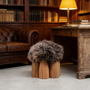 Modern Ottoman | Solid Wood Base Round Lamb Wool Fur Footstool <strong>Small</strong> Tufted <strong>Pouffe</strong> for Living Room Bedroom Showhome Home Decor - Product Image 1