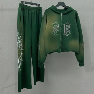 Survêtements personnalisés de créateur Pantalon de survêtement délavé à l'acide imprimé Streetwear Ensemble 2 pièces Sweat à capuche zippé en coton et strass Fabricant de survêtements - Product Image 1