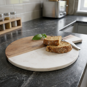Planche à découper ronde en marbre et bois à double tonalité, multifonctionnelle, pour servir, décoration de cuisine, plateau de table, nouveau design - Product Image 1