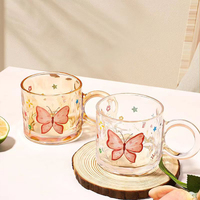Mug en verre imprimé papillon mignon avec anse en anneau, tasse à café en verre ambré, mug à café en verre texturé martelé pour la maison et le bureau, vaisselle