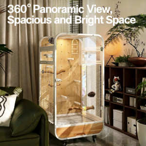 Grande <span class=keywords><strong>Cage</strong></span> à Oiseaux Moderne de Luxe avec Verre Transparent, Construction en Fer et Bois, Gain de Place, Montage Facile, Style Villa pour Perroquets - Product Image 2