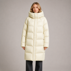 Manteau long à capuche pour femme, blanc uni, imperméable, en polyester épais, coupe droite - Product Image 1