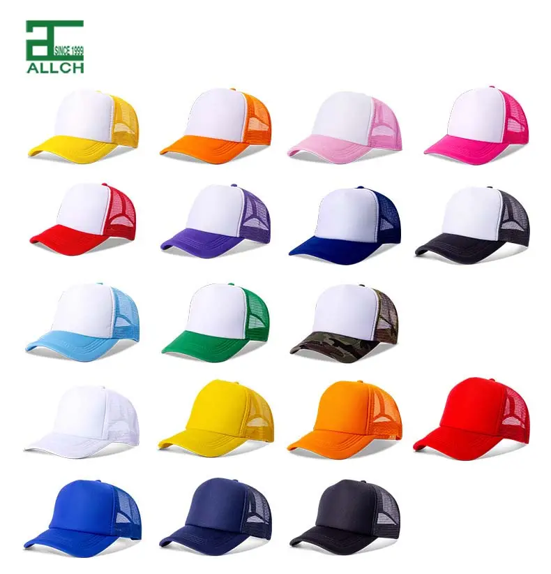 ALLCH promosyon özel Logo beyzbol şapkası % 100% Polyester köpük boş ön örgü geri 5 Panel 2 ton şoför şapkası