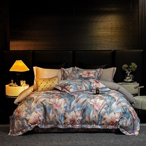 Bleu Floral Plante Impression Numérique Housse de Couette <span class=keywords><strong>Gris</strong></span> Draps Lumière De Luxe Quatre Pièces Ensemble de Literie Textile À La Maison - Product Image 1