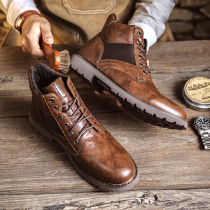Botas de Hombre de Cuero Genuino Marrón con Cordones, Punta Redonda, Suela de Goma, Zapatos para Caminar de Otoño - Product Image 2