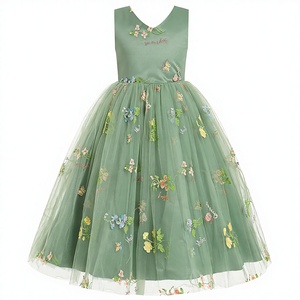 Robe de princesse pour tout-petits en tulle vert sauge avec fleurs 3D brodées, robe de soirée formelle, vêtements pour filles, vente en gros de vêtements en vrac - Product Image 1