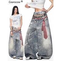 Jean déchiré coupe bootcut ample imprimé léopard en nylon/coton, style américain, pour femmes et hommes, idéal pour l'été