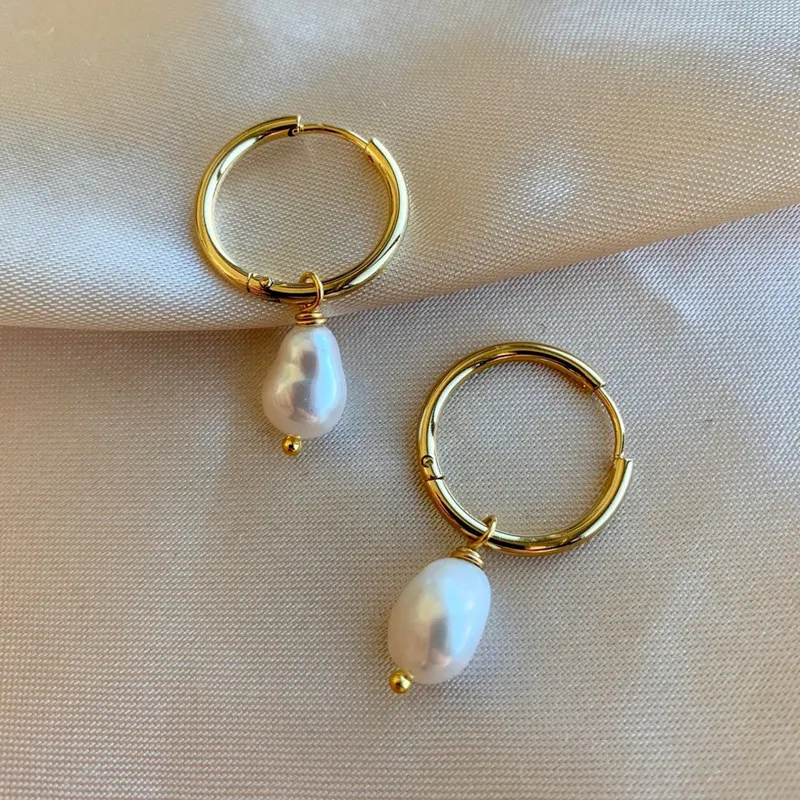 Handmade Minimalist 18k Gold Plated Baroque Freshwater Pearl Hoop Earrings Dangle Earrings Bridesmaids Jewelry