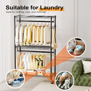 MZG Modern Heavy Duty Detachable Black 3 Tiers Carbon Steel Rolling Garment <b>Rack</b> Rods Side Hooks Storage Closet with Wheels - Product Image 5