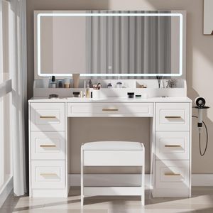 Tocador de Maquillaje con Espejo LED, 3 Opciones de Iluminación de Color, Enchufe de Carga Integrado, 7 Cajones de Gran Capacidad - Product Image 1