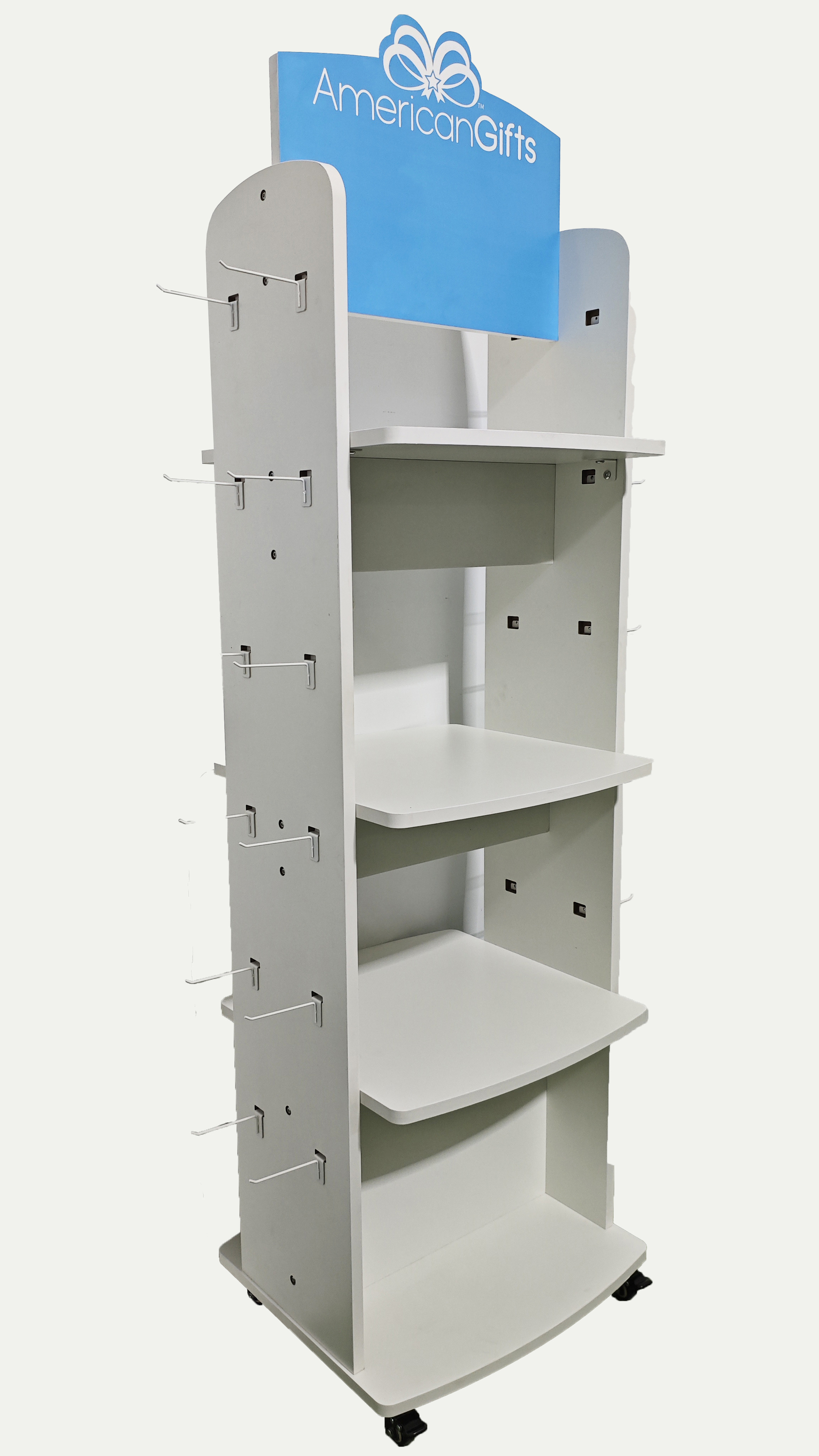 Beverage Bottle Wood Display Racks 4 Tier Wooden Shelf with Side Hooks and Caster — view 3
