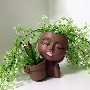 배수장치 구멍을 가진 수지 머리 재배자 귀여운 숙녀 얼굴 식물 남비 실내 옥외 식물을 위한 머리 두 배 화분 얼굴 재배자