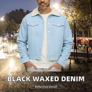 Denim Custom Black Wax Waxed <b>Long</b> Casual Autumn Zipper 100% Cotton <b>Men's</b> <b>Jacket</b> - Product Image 2