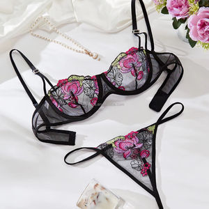 Lencería transparente seductora que muestra acentos de flores audaces Mujer Sexy para ropa interior completa bordada Lencería Sexy de moda Mujer - Product Image 1
