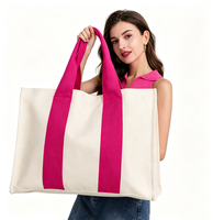 Tas Tote Kanvas Panel Logo Kustom Wanita Gagang Panjang Dua Warna Krem Pink Tali Vertikal Kasual Komuter Grosir