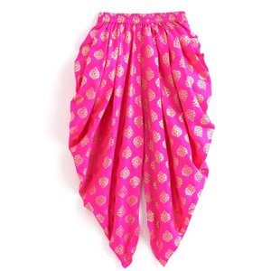 Conjunto de Ropa Étnica para Niñas, Kurti con Hombros Descubiertos y Pantalones Dhoti Estampados, Azul y Rosa, para Fiestas - Product Image 1