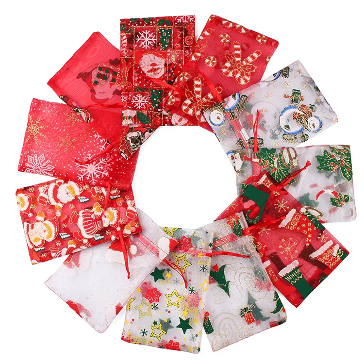 Christmas Organza Gift Bags with Gold Printing stocking Santa Claus Santa hat Drawstring Pouch Kids Gifts Christmas Bags