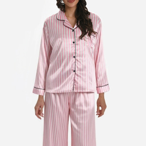 Set di <span class=keywords><strong>pigiama</strong></span> in raso a righe Chic da donna di alta qualità con elastico liscio in vita stile floreale di lusso primavera estate - Product Image 3