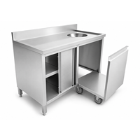 Meuble de cuisine en acier inoxydable avec porte coulissante, trou pour crédence et chariot de récupération des vaisselles sur roulettes