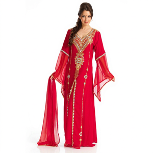 Abaya longue rouge brodée en mousseline pour femme, coupe modeste, respirante, toutes saisons, style moyen-oriental, col cœur, pour adultes - Product Image 1
