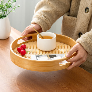Ensemble de plateaux en bambou ronds et rectangulaires, motif en rotin naturel, pour servir thé, café, en-cas, rangement et présentation à la maison ou au bureau - Product Image 4