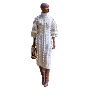 Fabricantes de prendas de punto de invierno Vestido de suéter delgado de manga larga de cuello alto personalizado Vestido de punto ajustado de costilla larga informal para mujer - Product Image 4