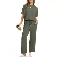 Ensembles deux pièces pour femmes, automne, tissu uni, manches courtes, hauts à col montant, pantalons à jambes larges, tenues de vacances et de voyage