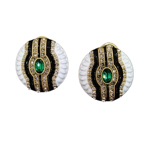Boucles d'oreilles vintage avec émeraudes, rayures en émail noir et blanc, clous ronds, luxe léger, haut de gamme pour femmes - Product Image 5