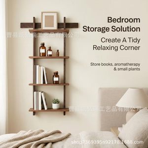 Wooden Chinese-style multi-layer <b>wall</b> storage rack, <b>wall</b>-<b>mounted</b> organizer <b>shelf</b>, living room and bedroom plant display rack - Product Image 1