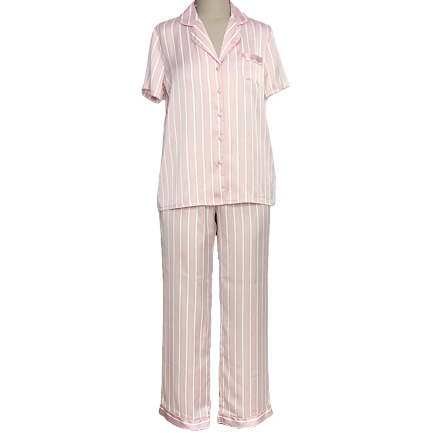 カスタマイズされたレディースボタンダウンシルクのようなサテンセット女の子の素敵なラウンジウェア女性のピンクのパジャマストライププリント女性のパジャマ