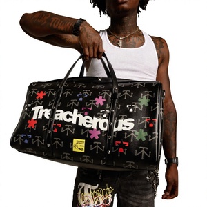 Sac de voyage de luxe personnalisé en cuir avec yeux de dessin animé et motif textuel, fermeture éclair, sac de week-end, doublure en polyester - Product Image 2